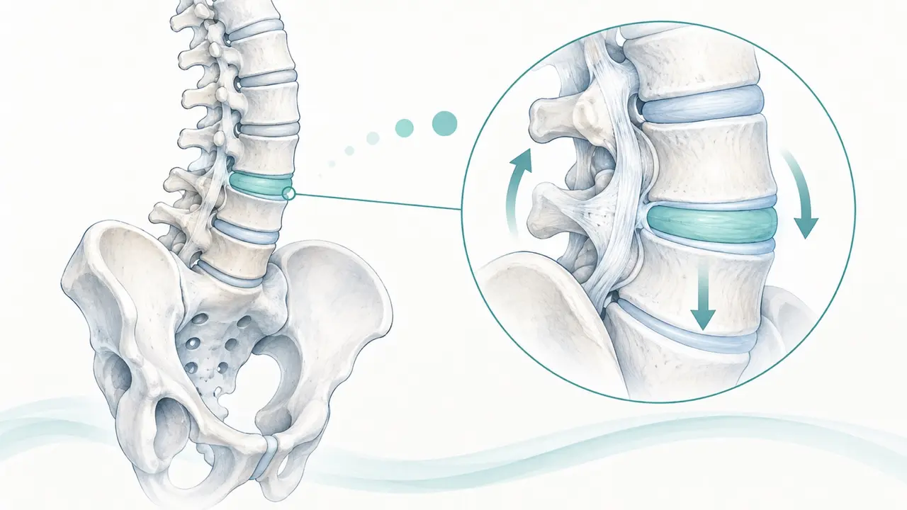 Lumbar spine and pelvis with a magnified disc segment illustrating movement and load.