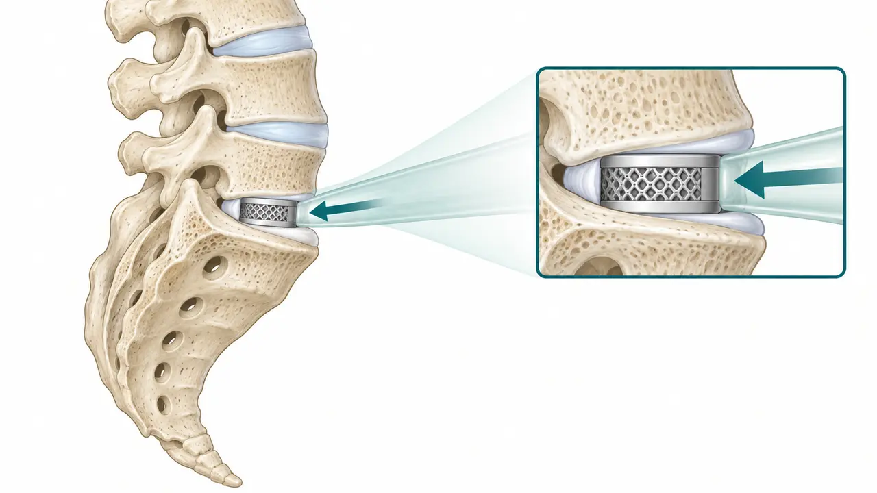 Illustration of an anterior approach to the L5–S1 disc space, showing an interbody cage between L5 and the sacrum.