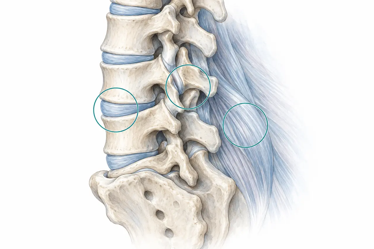 Lumbar anatomy highlighting a disc, a small spinal joint and the adjacent supporting muscles.