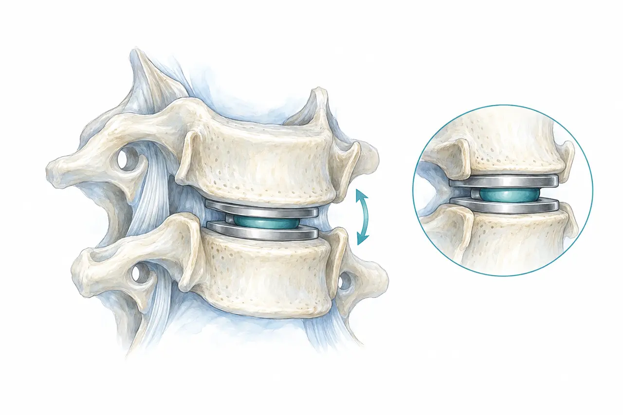 A simplified artificial disc between two cervical vertebrae, with an enlarged view of its articulation.