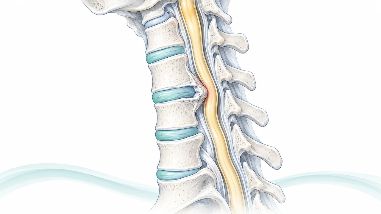 Side cutaway of cervical vertebrae showing a narrowed spinal canal and local compression of the spinal cord.