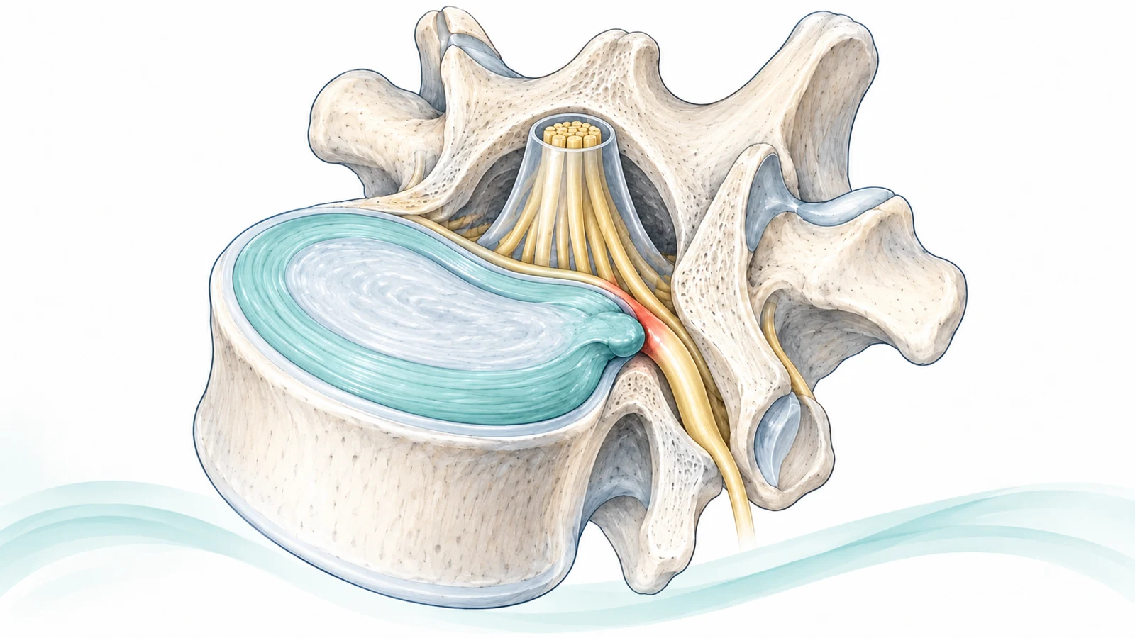 Illustration of a lumbar disc herniation pressing on a nerve root within the spinal canal.