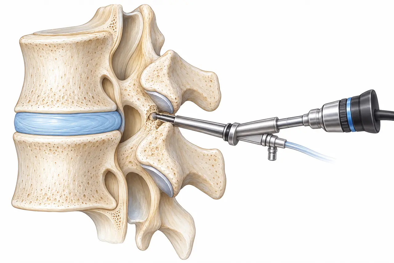 A schematic of an endoscopic working channel approaching the bony margin of a lumbar nerve opening. The nerve is not depicted.
