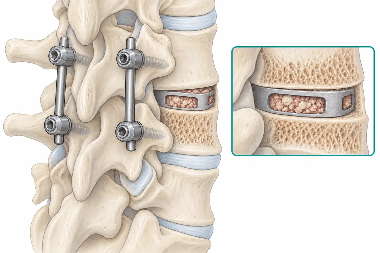Lumbar interbody fusion with posterior pedicle screws, rods and a cage between the vertebrae.