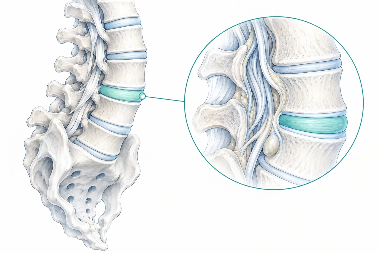 Illustrated lumbar spine with one disc highlighted and enlarged beside it.