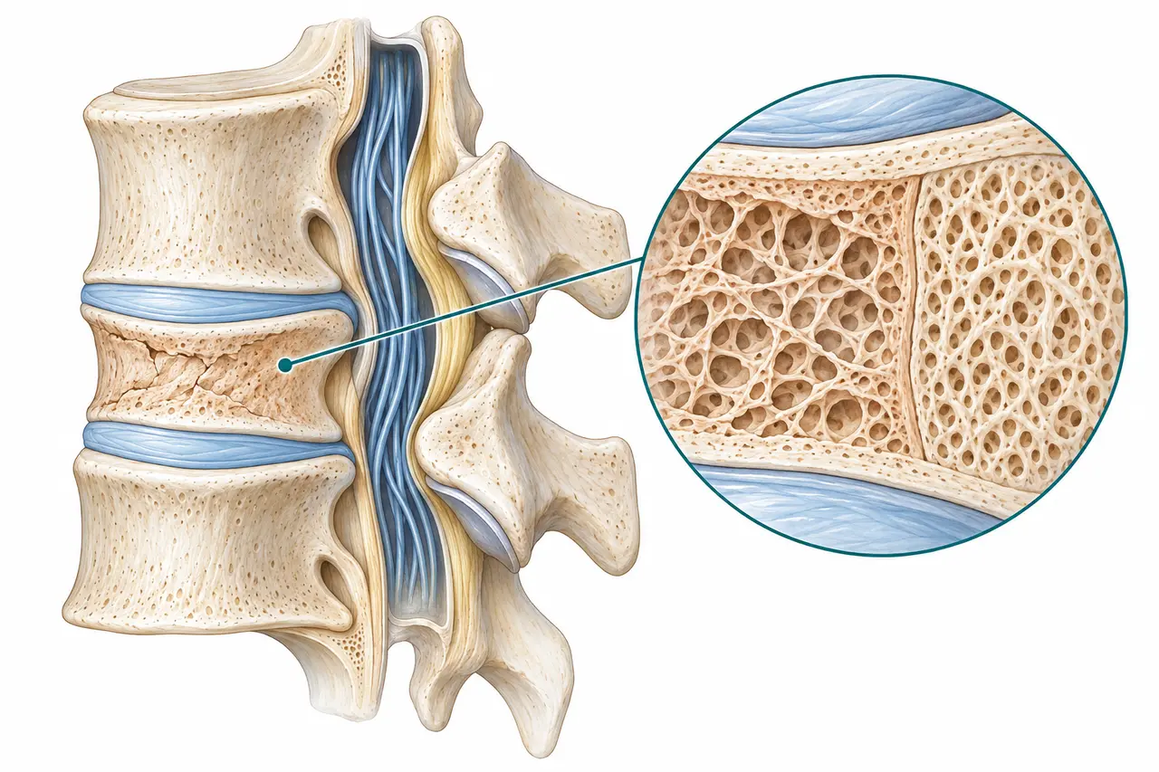 Side view of a compressed vertebra with a magnified conceptual comparison of fragile trabecular bone.