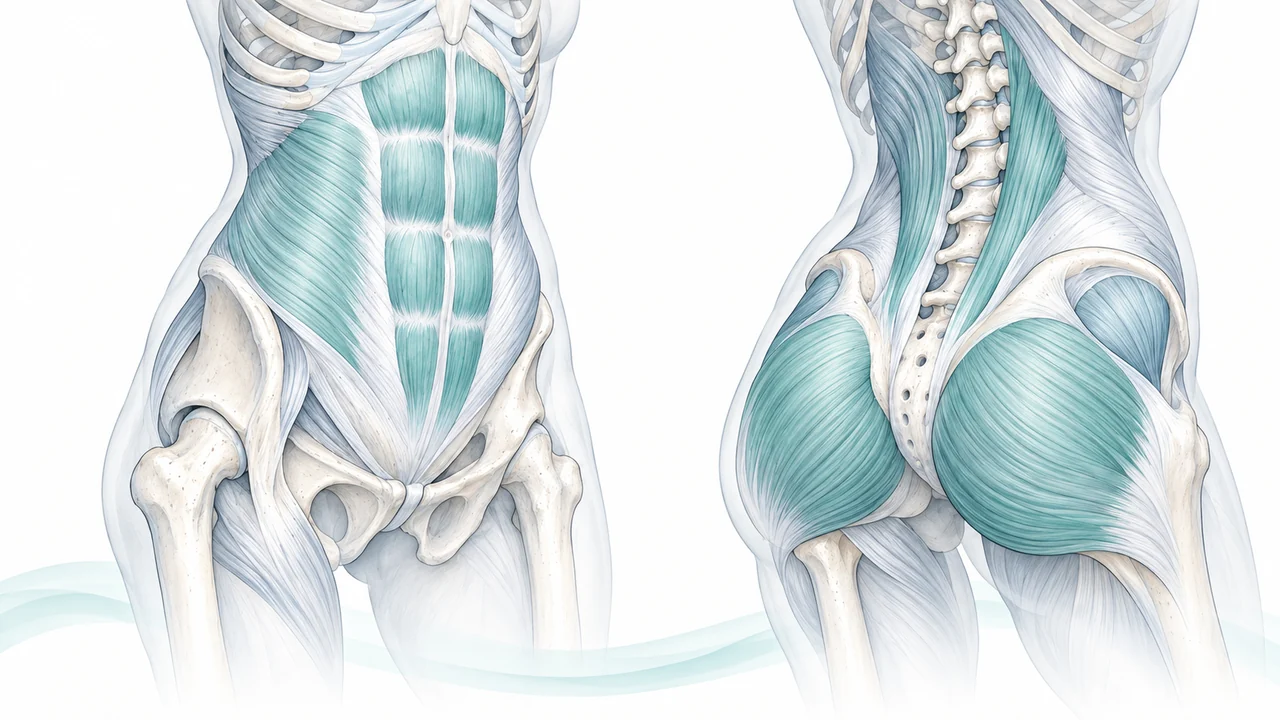Anterior and posterior anatomical views highlighting the abdominal, back and gluteal muscles around the spine and pelvis.
