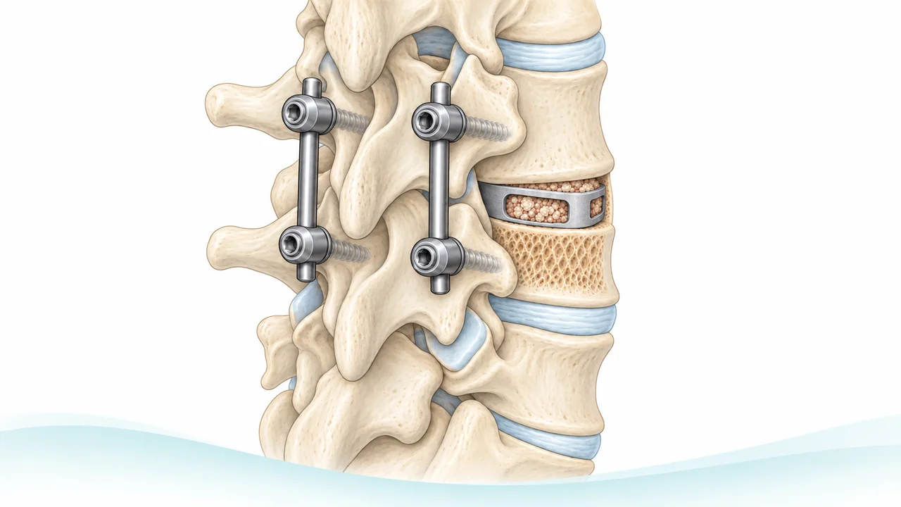Oblique illustration of a lumbar spine after fusion, showing pedicle screws, rods and an interbody cage.