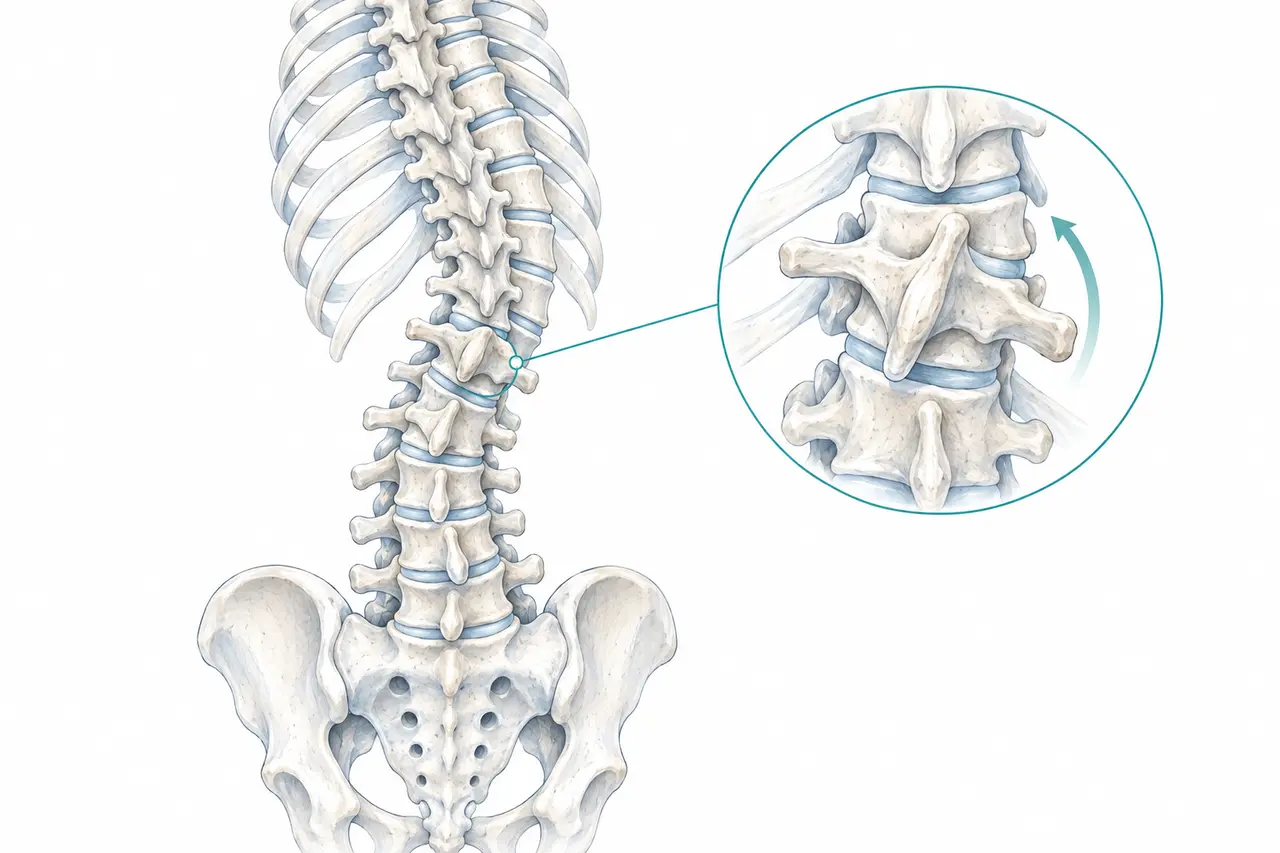 A curved spine with a closer view of vertebral rotation.