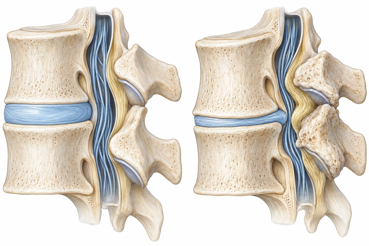 Illustrative comparison: preserved disc height on the left; disc-height loss, enlarged facet joints and thickened posterior ligament narrowing the nerve passage on the right.