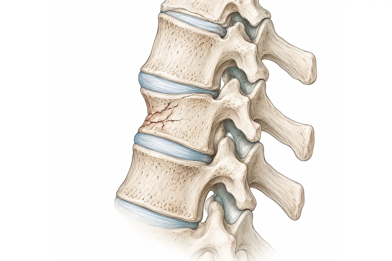 Side view of a thoracolumbar compression fracture with anterior vertebral height loss and local kyphotic angulation.