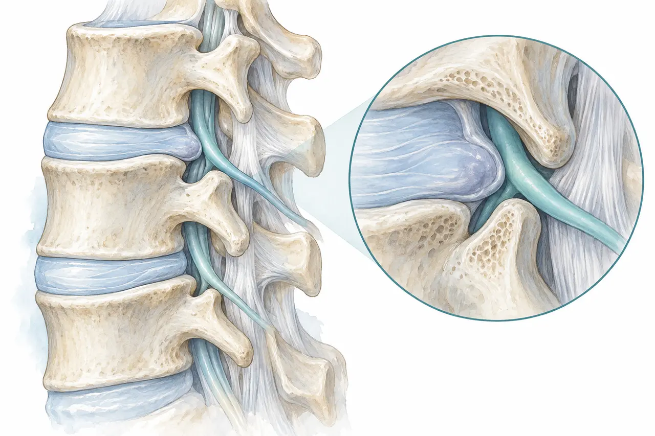 A lumbar disc and nearby nerve root, enlarged to show their anatomical relationship.