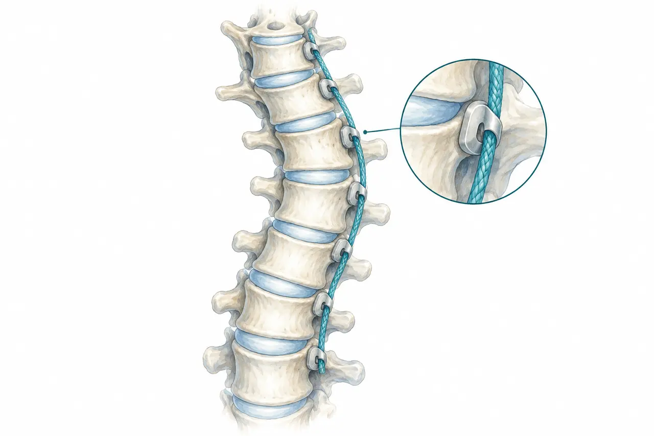 A flexible tether connects anchors along the convex side of a curved spine.